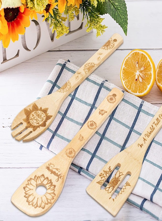 Eartim Sunflower Wooden Spoon Utensils - 5Pcs Summer Sunflower Theme Kitchen Cooking Utensil Set Natural Non-Stick Carve Burned Bamboo Cooking Spoon Slotted Spatulas Kitchen Tool Birthday Wedding Gift - Image 4